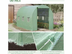Invernadero de túnel con ventanas, estructura de acero, protección UV, 350 x 200 x 200 cm,