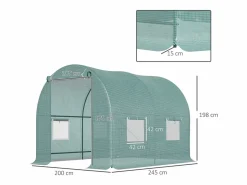 Invernadero de túnel con ventanas, estructura de acero, protección UV, 245 x 200 x 198 cm,