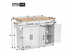 Merax Isla central - 120 x 46 (70) x 91 cm - Tablero plegable + Ruedas y patas intercambiables - MDF -