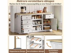 Best Isla central con panel abatible extensible - 150 x 65 x 75 cm - con 5 cajones + 1 puerta - MDF - Isla Cocina