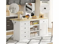 Best Isla central con panel abatible extensible - 150 x 65 x 75 cm - con 5 cajones + 1 puerta - MDF - Isla Cocina