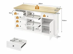 Best Isla central con panel abatible extensible - 150 x 65 x 75 cm - con 5 cajones + 1 puerta - MDF - Isla Cocina