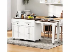 Discount Isla central con ruedas - extensible con encimera + 2 cajones - MDF - blanco + marrón Isla Cocina