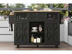 New Isla central con ruedas - 140 x 40 x 93,5 cm - con encimera + 2 puertas + 2 cajones - MDF - Isla Cocina