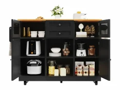 New Isla central con ruedas - 140 x 40 x 93,5 cm - con encimera + 2 puertas + 2 cajones - MDF - Isla Cocina