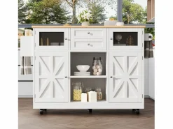 Discount Merax Isla central con ruedas - 140 x 40 x 93,5 cm - con encimera + 2 puertas + 2 cajones - MDF - Blanco