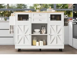 Discount Merax Isla central con ruedas - 140 x 40 x 93,5 cm - con encimera + 2 puertas + 2 cajones - MDF - Blanco