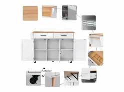 Sale Merax Isla central con ruedas - 129 x 46/71 x 91,5 cm - tapa abatible - con 3 puertas + 2 cajones - MDF - Blanco