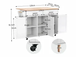 Sale Merax Isla central con ruedas - 129 x 46/71 x 91,5 cm - tapa abatible - con 3 puertas + 2 cajones - MDF - Blanco