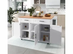 Sale Merax Isla central con ruedas - 129 x 46/71 x 91,5 cm - tapa abatible - con 3 puertas + 2 cajones - MDF - Blanco
