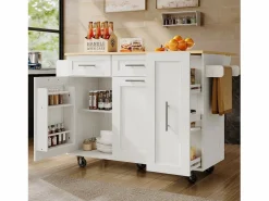 Clearance ModernLuxe Isla central de cocina - carrito con ruedas y plancha retráctil - 2 cajones y 2 puertas - Blanco