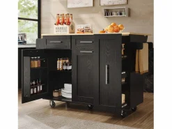 Hot ModernLuxe Isla central de cocina - carrito con ruedas y plancha retráctil - 2 cajones y 2 puertas - Negro
