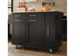 Hot ModernLuxe Isla central de cocina - carrito con ruedas y plancha retráctil - 2 cajones y 2 puertas - Negro