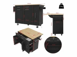 Hot ModernLuxe Isla central de cocina - carrito con ruedas y plancha retráctil - 2 cajones y 2 puertas - Negro