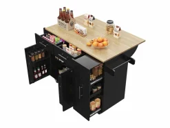 Hot ModernLuxe Isla central de cocina - carrito con ruedas y plancha retráctil - 2 cajones y 2 puertas - Negro