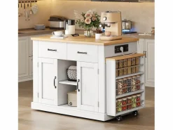 Discount Isla central de cocina - mesa de comedor extensible - con toma de corriente - con ruedas y espacio de almacenamiento - Natural + Isla Cocina