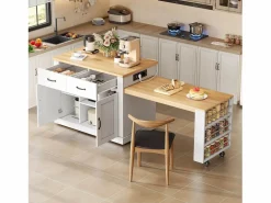 Discount Isla central de cocina - mesa de comedor extensible - con toma de corriente - con ruedas y espacio de almacenamiento - Natural + Isla Cocina