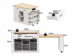 Discount Isla central de cocina - mesa de comedor extensible - con toma de corriente - con ruedas y espacio de almacenamiento - Natural + Isla Cocina