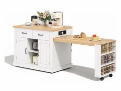 Discount Isla central de cocina - mesa de comedor extensible - con toma de corriente - con ruedas y espacio de almacenamiento - Natural + Isla Cocina