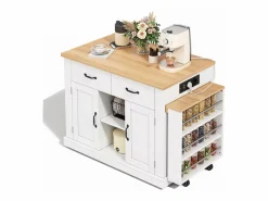 Discount Isla central de cocina - mesa de comedor extensible - con toma de corriente - con ruedas y espacio de almacenamiento - Natural + Isla Cocina