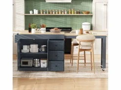 ModernLuxe Isla central de cocina - mesa de comedor extensible - con 1 puerto USB y 1 puerto Type-C - con estante de especias y ruedas - Natural +