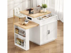 ModernLuxe Isla central de cocina - mesa de comedor extensible - con iluminación LED - con toma de corriente - con ruedas y espacio de almacenamiento - Natural +