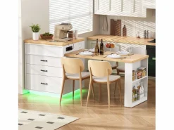 ModernLuxe Isla central de cocina - mesa de comedor extensible - con iluminación LED - con toma de corriente - con ruedas y espacio de almacenamiento - Natural +