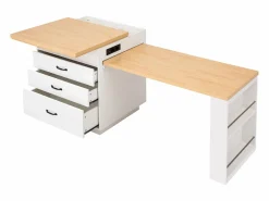 ModernLuxe Isla central de cocina - mesa de comedor extensible - con iluminación LED - con toma de corriente - con ruedas y espacio de almacenamiento - Natural +