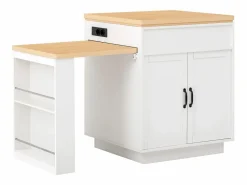ModernLuxe Isla central de cocina - mesa de comedor extensible - con iluminación LED - con toma de corriente - con ruedas y espacio de almacenamiento - Natural +