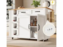 Clearance DripeX Isla central de cocina con estante para vino 2 cajones y 2 puertas - 2 enchufes - +natural - 131.5x43/76x90.7cm Blanco