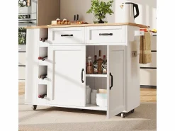 Clearance DripeX Isla central de cocina con estante para vino 2 cajones y 2 puertas - 2 enchufes - +natural - 131.5x43/76x90.7cm Blanco