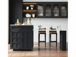Online ModernLuxe Isla central de cocina con 2 puertas y 2 cajones - Tablero extensible - Encimeras de mármol artificial - 133(202)x59x93,5 cm - Para 2 a 6 personas - + Blanco Negro