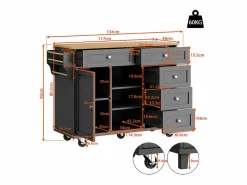 DripeX Isla central de cocina con 5 cajones 3 nichos y 1 puerta, con patas fijas y ruedas, 134x46x92cm -
