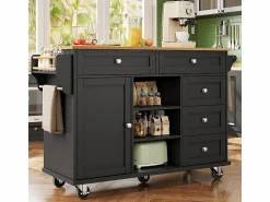DripeX Isla central de cocina con 5 cajones 3 nichos y 1 puerta, con patas fijas y ruedas, 134x46x92cm -