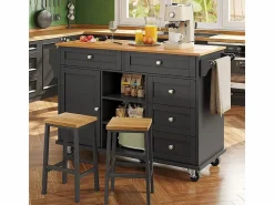 DripeX Isla central de cocina con 5 cajones 3 nichos y 1 puerta, con patas fijas y ruedas, 134x46x92cm -