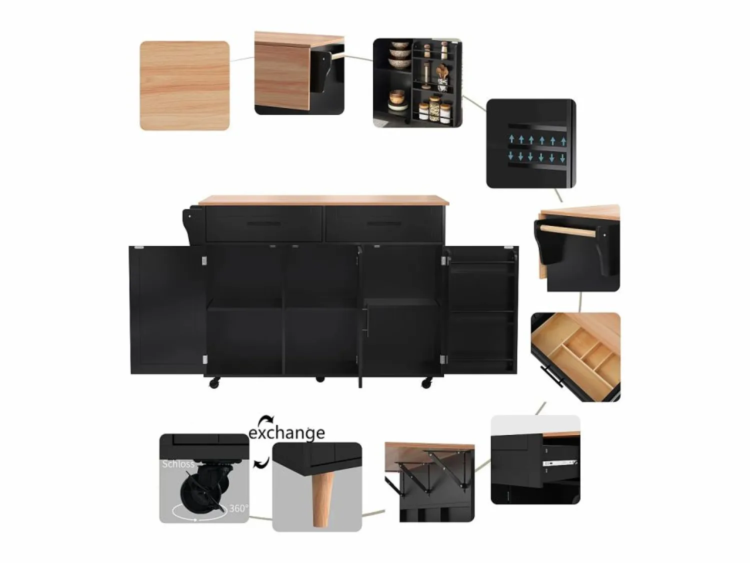 Clearance Isla central de cocina móvil - Tablero extensible - 2 cajones + puertas de armario para almacenamiento - Isla Cocina