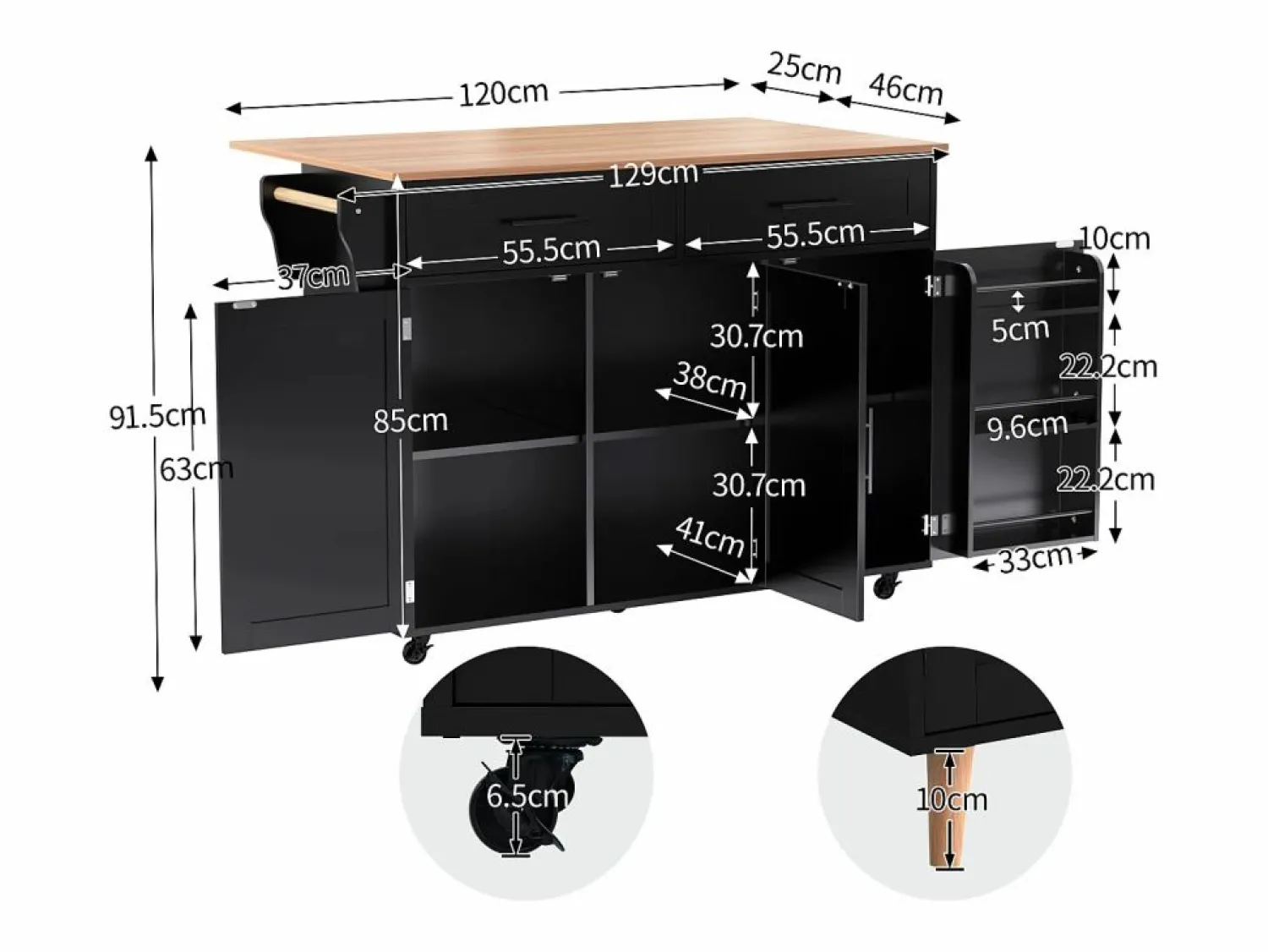 Clearance Isla central de cocina móvil - Tablero extensible - 2 cajones + puertas de armario para almacenamiento - Isla Cocina