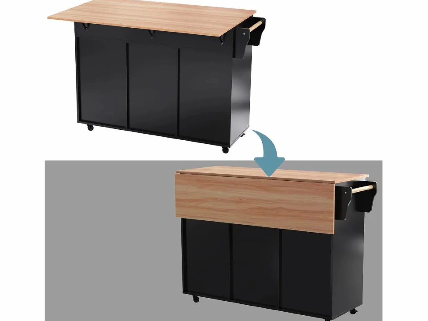 Clearance Isla central de cocina móvil - Tablero extensible - 2 cajones + puertas de armario para almacenamiento - Isla Cocina