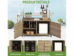 Isla central de ratán con 2 puertas, estilo bohemio natural con 2 estantes, con ruedas para fácil desplazamiento, ideal para terraza o jardín