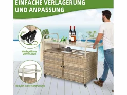 Isla central de ratán con 2 puertas, estilo bohemio natural con 2 estantes, con ruedas para fácil desplazamiento, ideal para terraza o jardín