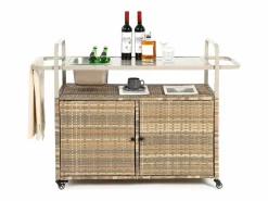 Isla central de ratán con 2 puertas, estilo bohemio natural con 2 estantes, con ruedas para fácil desplazamiento, ideal para terraza o jardín