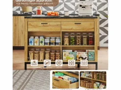 Merax Isla central estilo campestre con estructura de metal - 120 x 75 x 90 cm - con 2 cajones + 4 estantes - MDF - natural