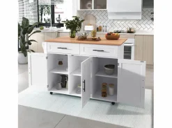 Hot OKWISH Isla central móvil con mesa plegable, 3 puertas y 2 cajones de almacenamiento - Blanco