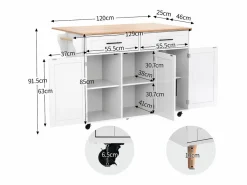Hot OKWISH Isla central móvil con mesa plegable, 3 puertas y 2 cajones de almacenamiento - Blanco