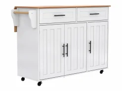 Hot OKWISH Isla central móvil con mesa plegable, 3 puertas y 2 cajones de almacenamiento - Blanco