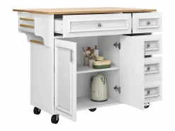 New Merax Isla de cocina - 110 x 45-75 x 92 cm - carrito de servicio extraíble - con 5 cajones + 2 puertas - MDF - Blanco