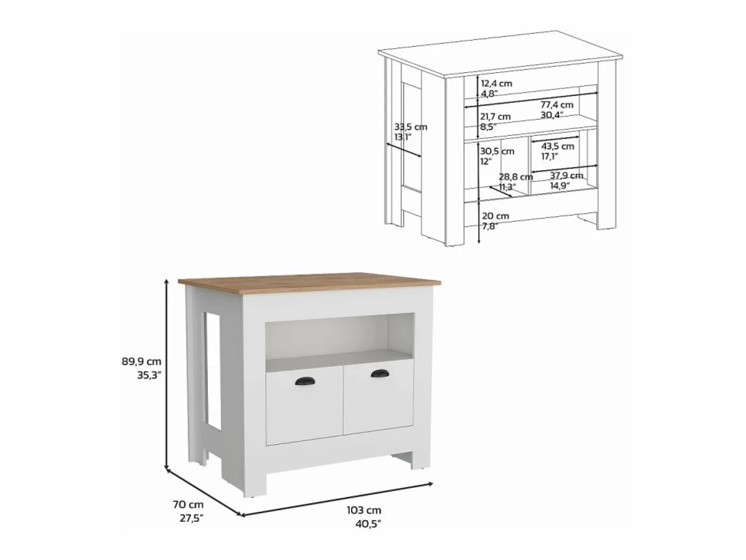 Best Isla de cocina Arlet en melamina con 2 puertas y 3 estantes , Blanco / Macadamia , 89.9 cm X 103 cm X 70 cm Isla Cocina