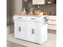 Isla de cocina blanca - Isla de cocina con ruedas y patas de madera - Encimera abatible - 2 cajones 4 puertas Blanco