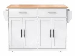 Isla de cocina blanca - Isla de cocina con ruedas y patas de madera - Encimera abatible - 2 cajones 4 puertas Blanco