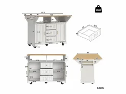 Online OKWISH Isla de cocina blanca con tablero plegable, 3 cajones y 2 puertas - 5 ruedas Blanco